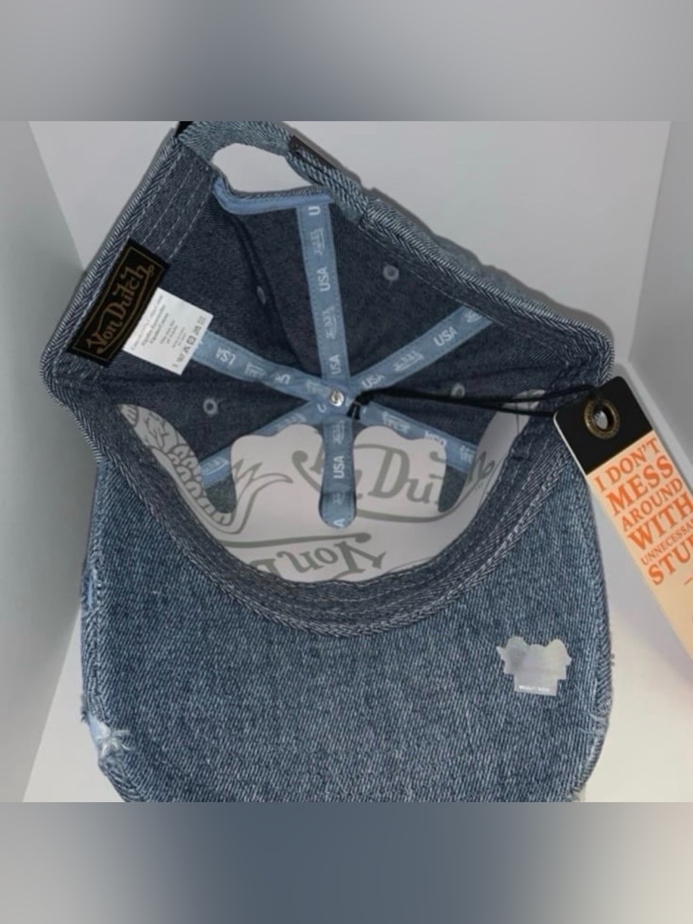 Von Dutch Blue Denim Distressed Rips Unstructured Dad Cap - Picture 2 of 2